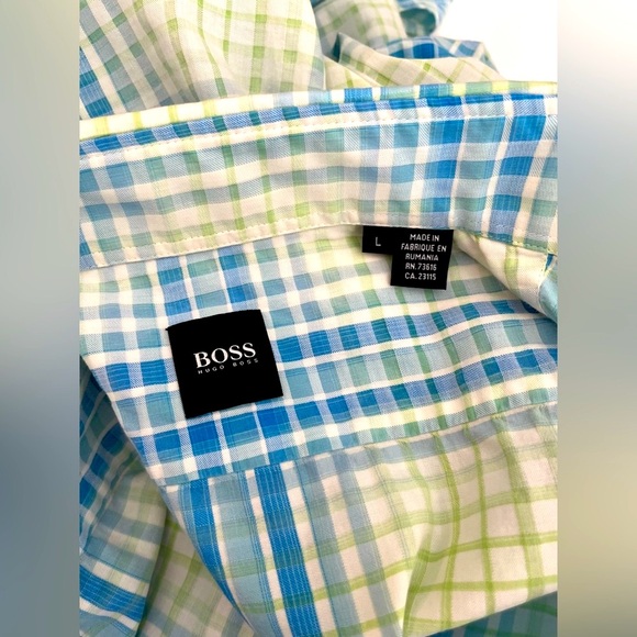 HUGO BOSS Shirt Tartan Plaid White Blue Waffle Comfort LARGE - Picture 2 of 15